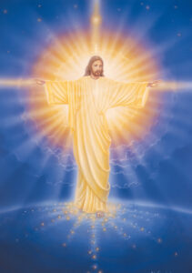 Leuchtender Jesus Christus öffnet die Arme und verströmt die Liebe Gottes