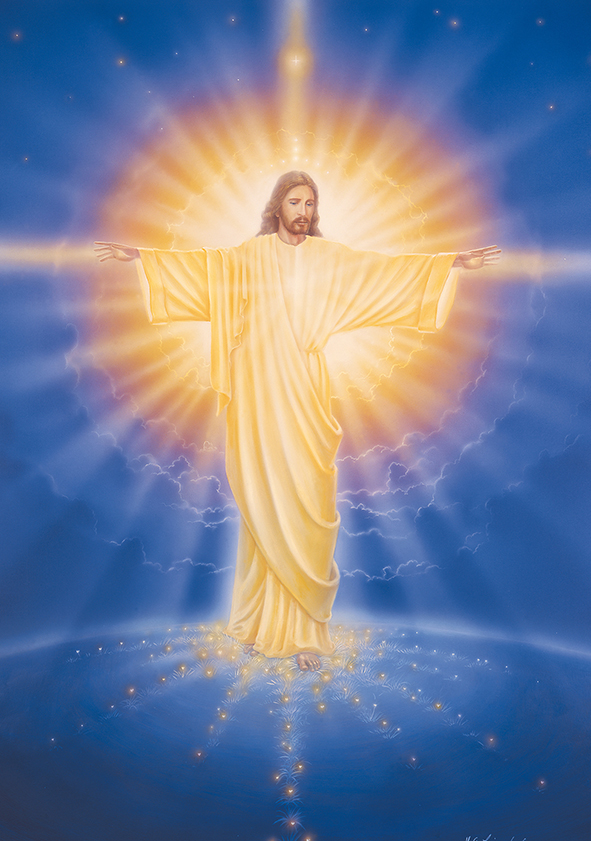Leuchtender Jesus Christus öffnet die Arme und verströmt die Liebe Gottes